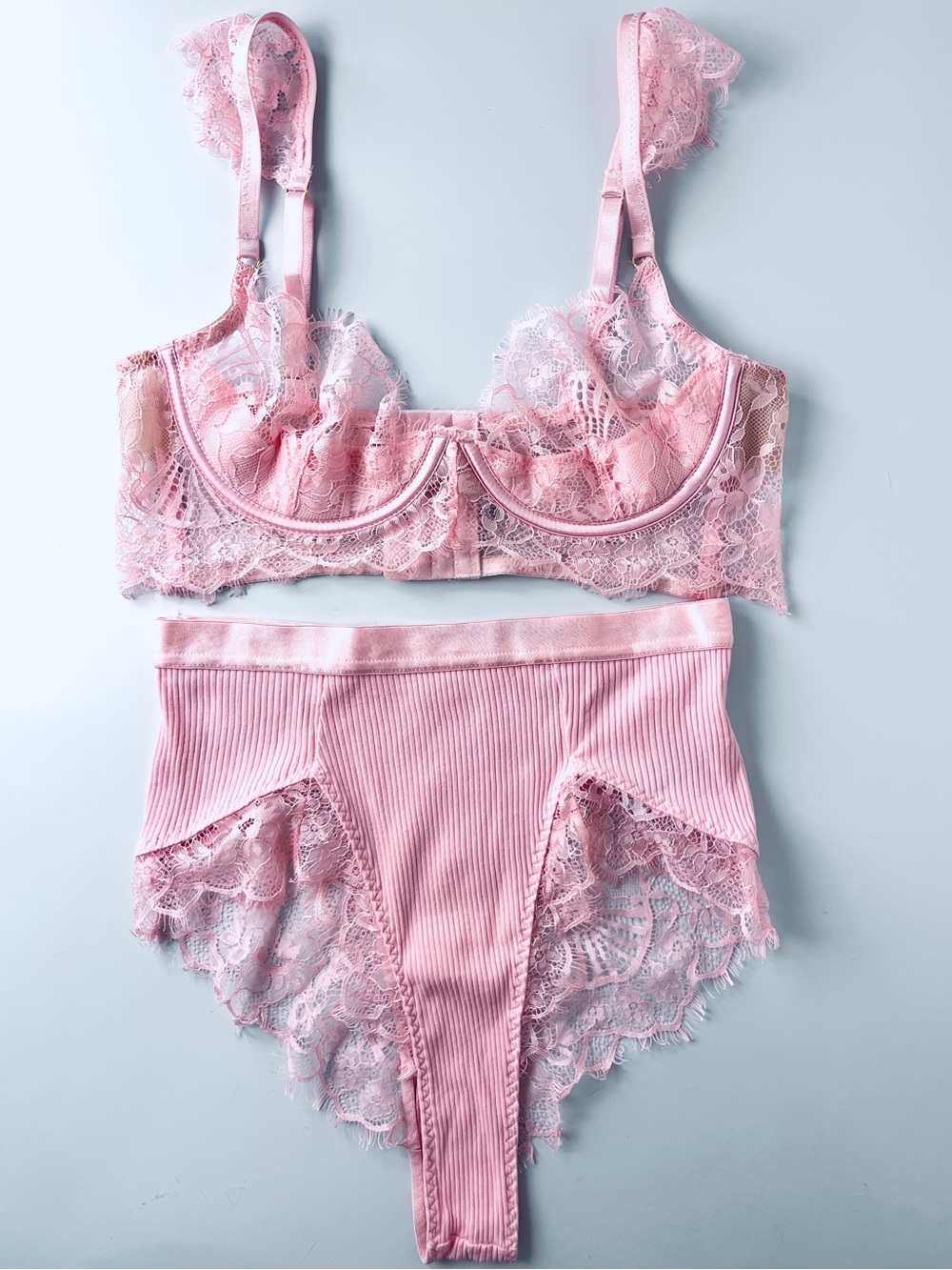 Oh La La Cheri Pink Lace Balconette Bra & High Waist Panty Set M
